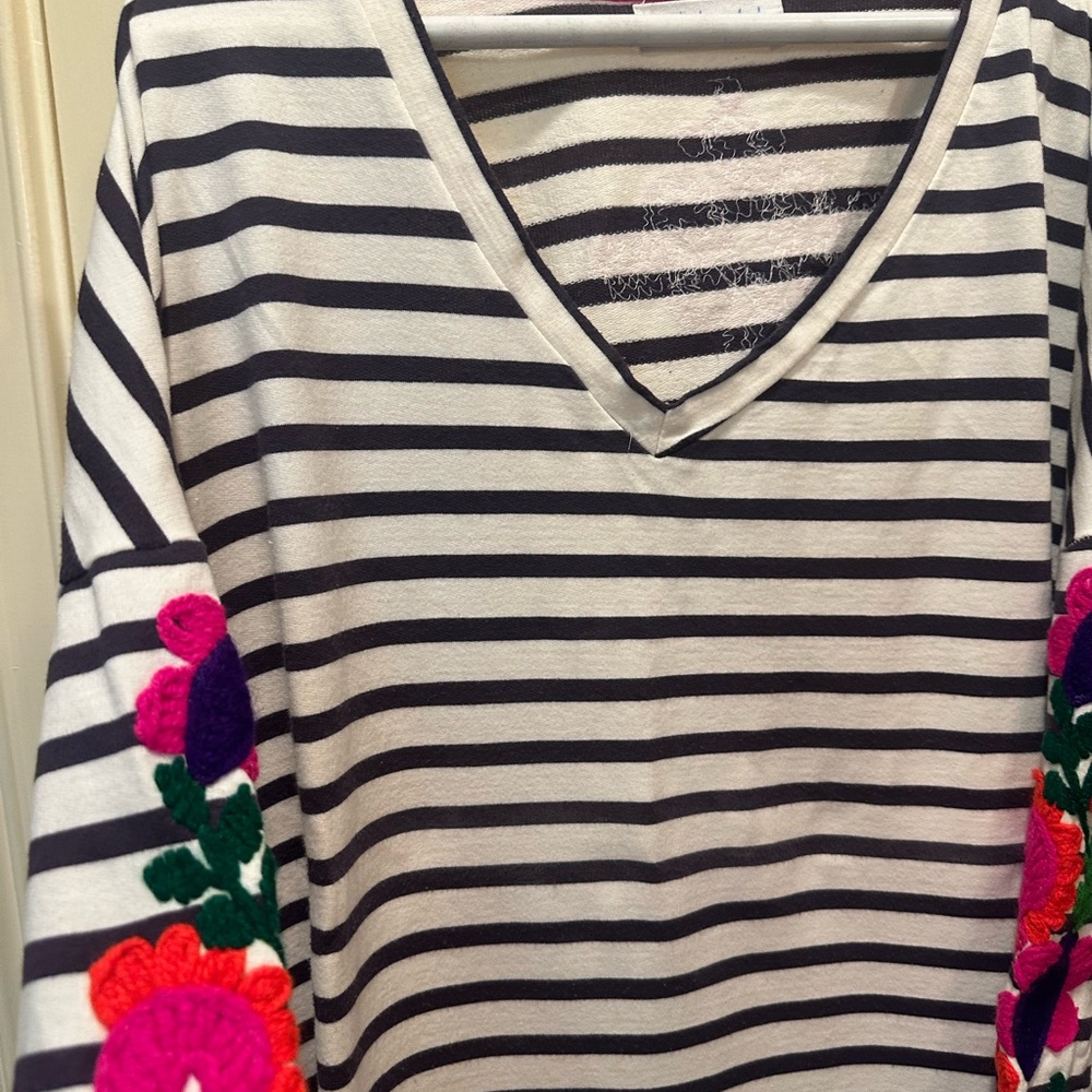 Navy Striped V-Neck Top with Floral Accents